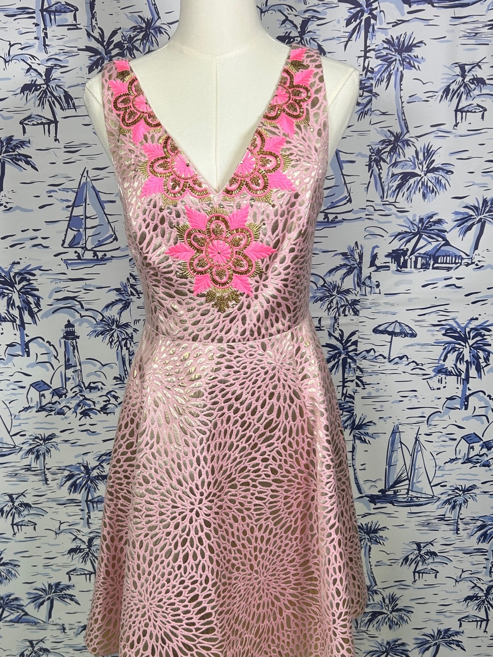 Lilly Pulitzer Pink Metallic Floral V-Neck Fit & Flare Dress